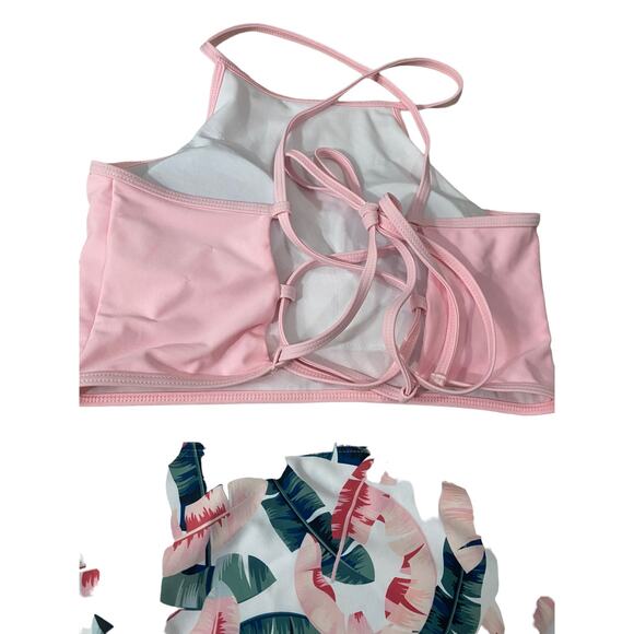 Romwe Bikini 2 pc Pink Green High Rise Size Medium Leaf Pattern - Picture 7 of 12